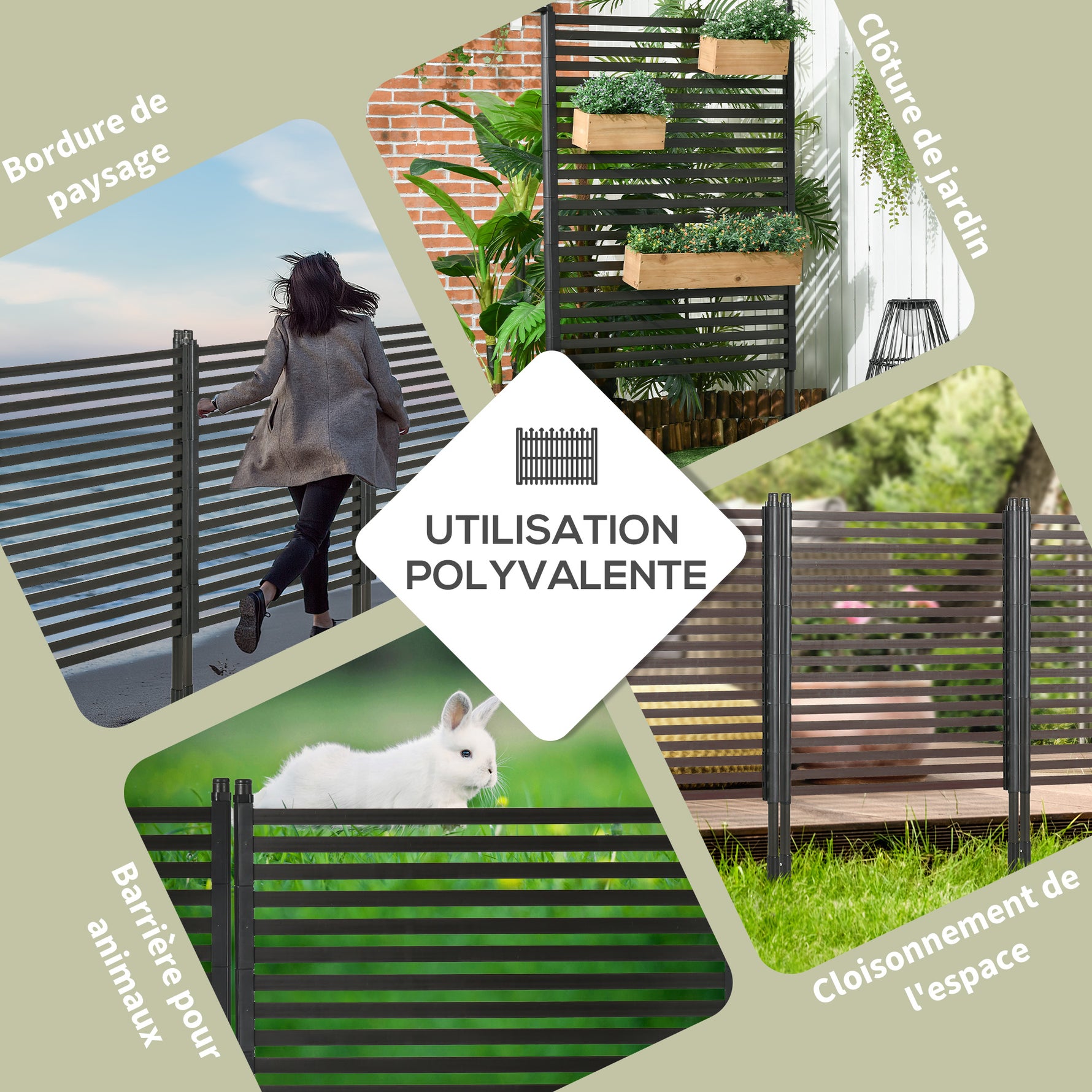 Panneau clotûre de jardin brise vue en métal extérieur avec pieds ou piquets à planter, modulaire, 93L x 22l x 150H cm