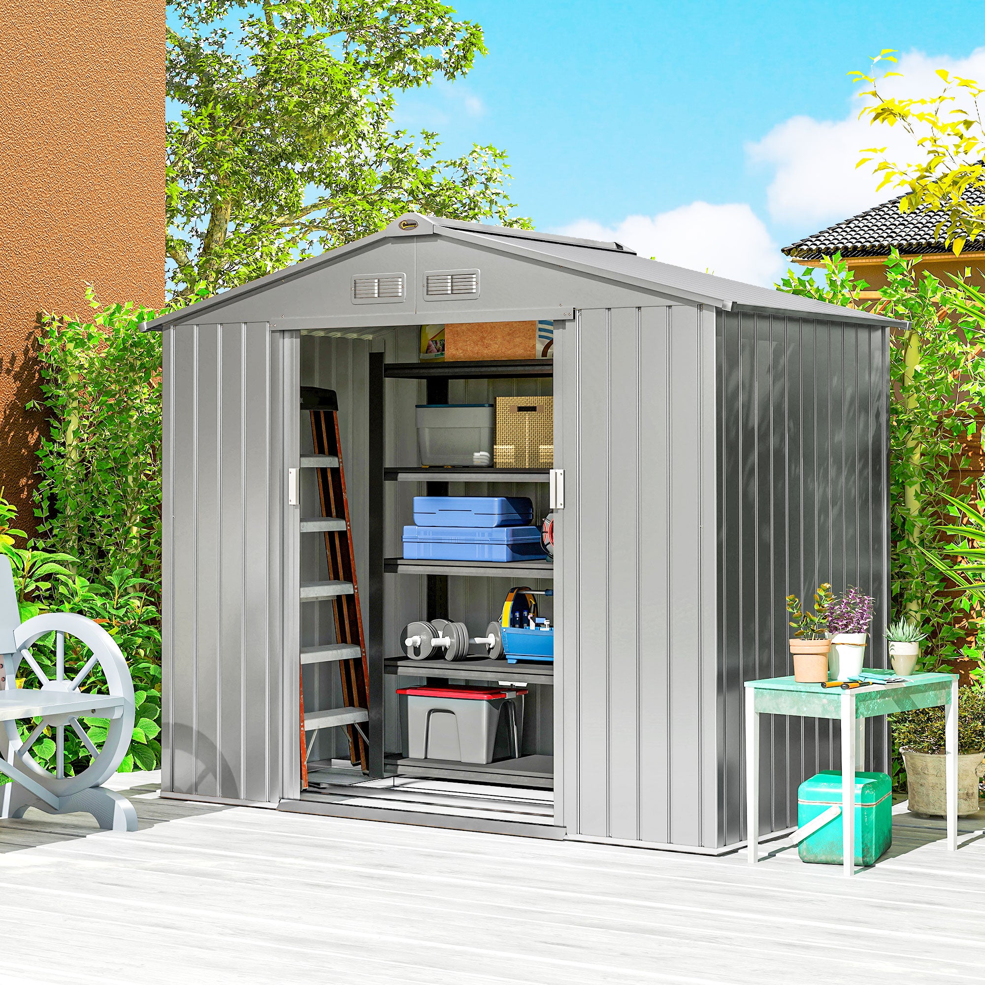 Abri de Jardin 2,42 m² - Remise pour Outils avec Kit de Fondation - Cabanon Porte Verrouillable - Tôle d'Acier Gris