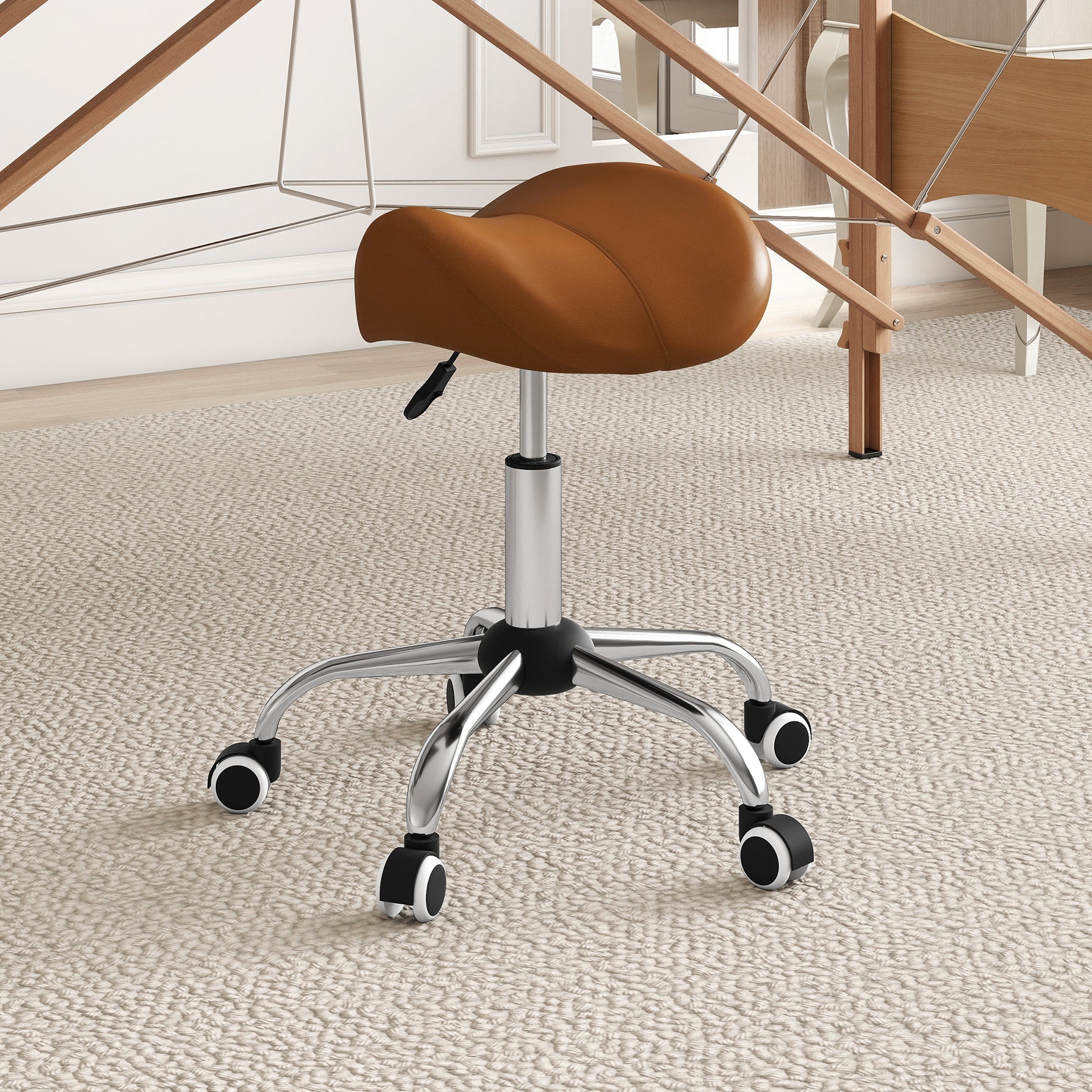 Tabouret à roulettes, chaise de travail avec hauteur réglable 49-61 cm et selle ergonomique, 52x53x49-61cm, marron