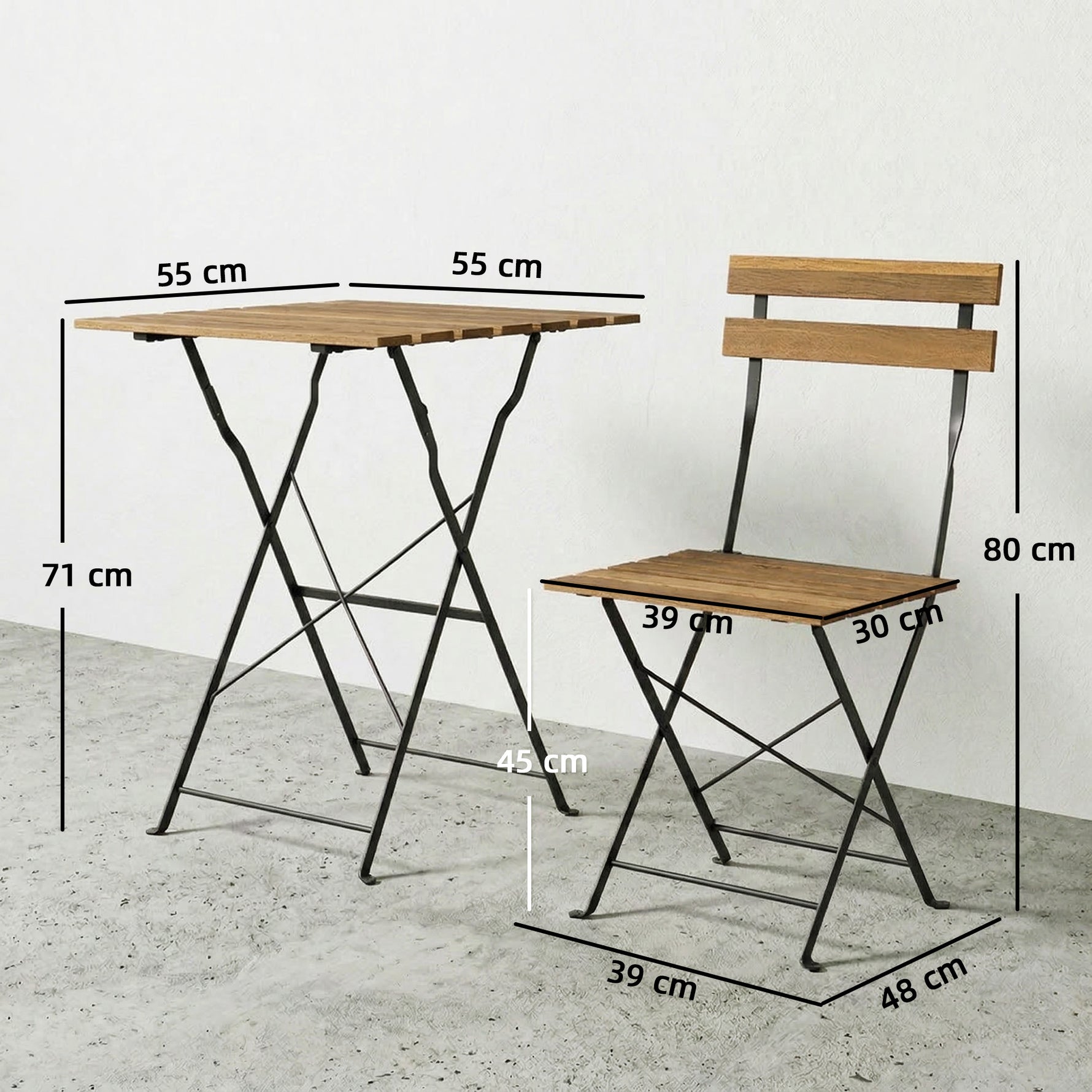 Ensemble de Salon de Jardin Bistrot 3 Pièces, 2 Chaises Pliantes, Table Carrée en Bois d'Acacia, 55x55x71cm, Naturel