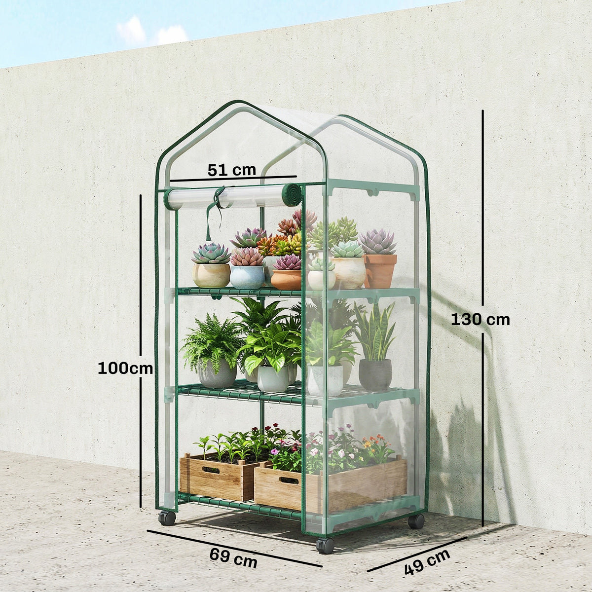 Mini serre de jardin avec 3 étagères, bâche PVC haute densité, porte enroulable 4 roulettes 69 x 49 x 130 cm transparent