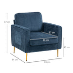 Fauteuil en tissu avec pieds en acier doré, grand confort, pochettes latérales, pour salon, bureau, chambre, bleu