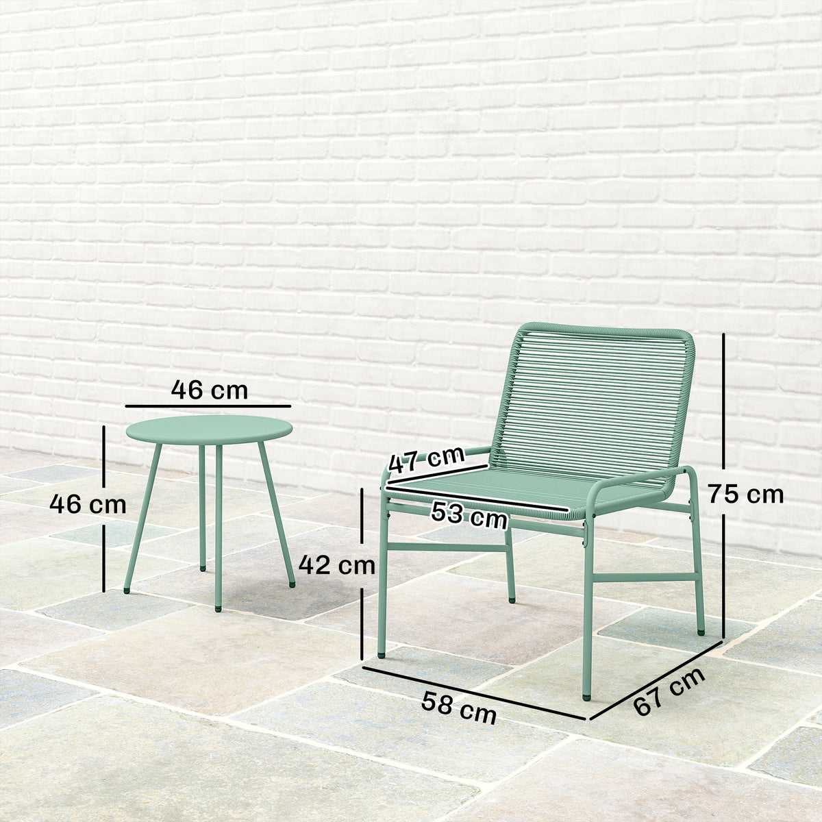 Salon de Jardin Extérieur 3 Pièces en Résine Tressée et Acier, Table de Jardin Ronde avec 2 Chaises, 58x67x75cm, Vert