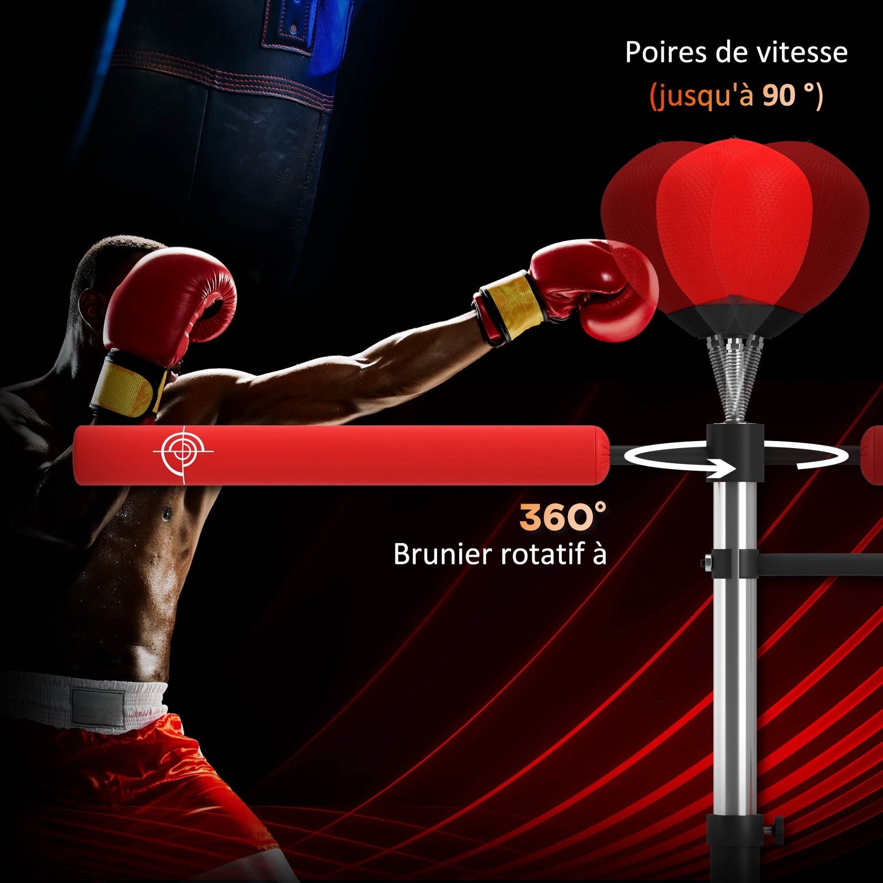 Sac de frappe sur pied 4 en 1 punching ball autonome balles de vitesse barre rotative gants 88 x 50 x 160-230 cm rouge