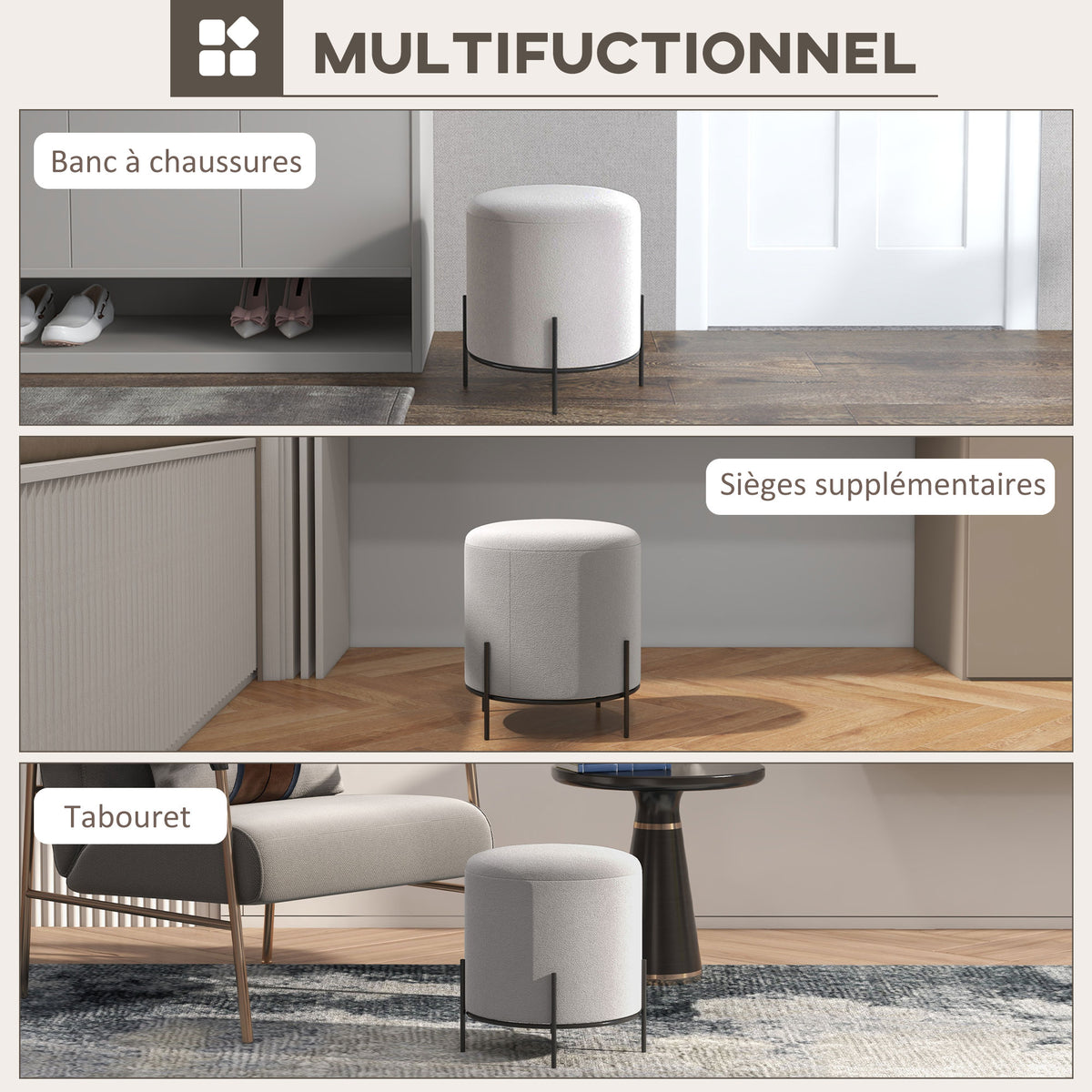Lot de 2 poufs ottoman tabouret pouf repose-pied en velours pieds en acier pour salon chambre Ø 35 x 38 cm gris clair