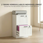 Caisson bureau, meuble rangement bois 2 tiroirs et serrure, barres de suspension réglables, 40 x 40 x 71 cm, blanc
