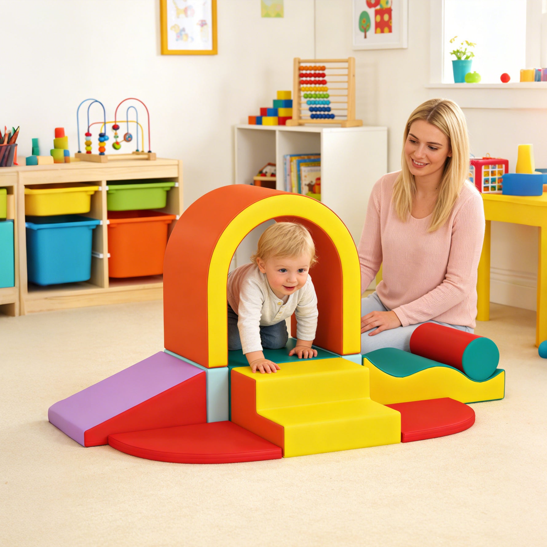 Parcours motricité bébé 10PCS, module motricité bébé en mousse EPE avec housse en revêtement PU, multicolore