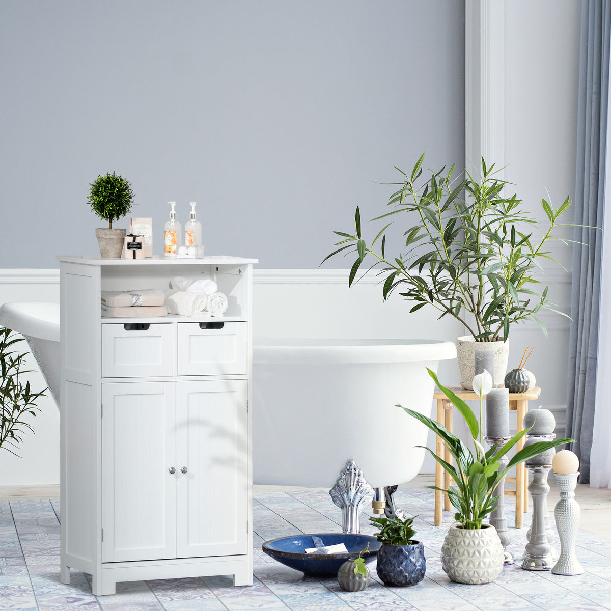 Meuble de salle de bain, meuble de rangement avec 2 tiroirs, niche, placard avec porte, étagère réglable, armoire de salle de bain, cuisine, salon, 60 x 30 x 109 cm, blanc