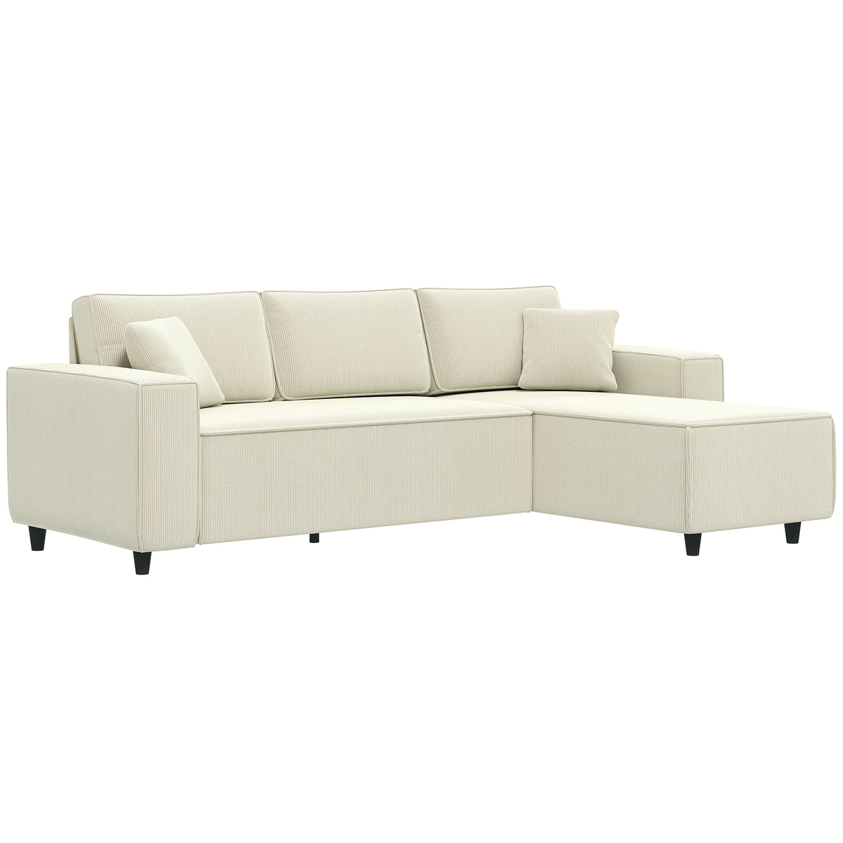 Canapé d'angle réversible 3 places moderne avec coussins inclus, tissu velours côtelé, crème
