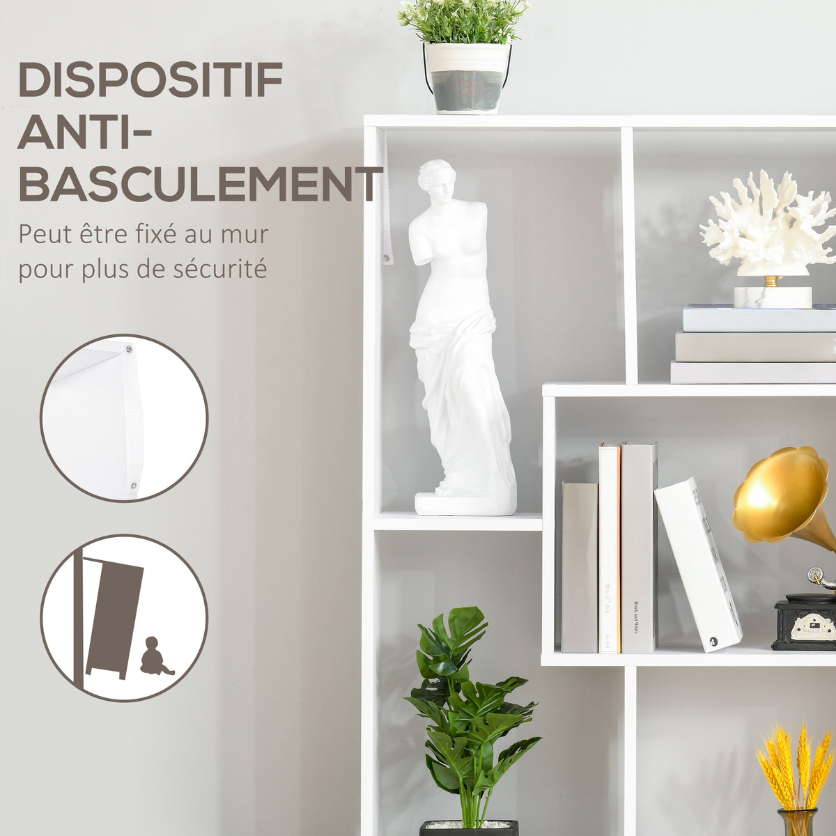 Bibliothèque étagère Zig zag Design Contemporain 70L x 24l x 178H cm Panneaux Particules Blanc