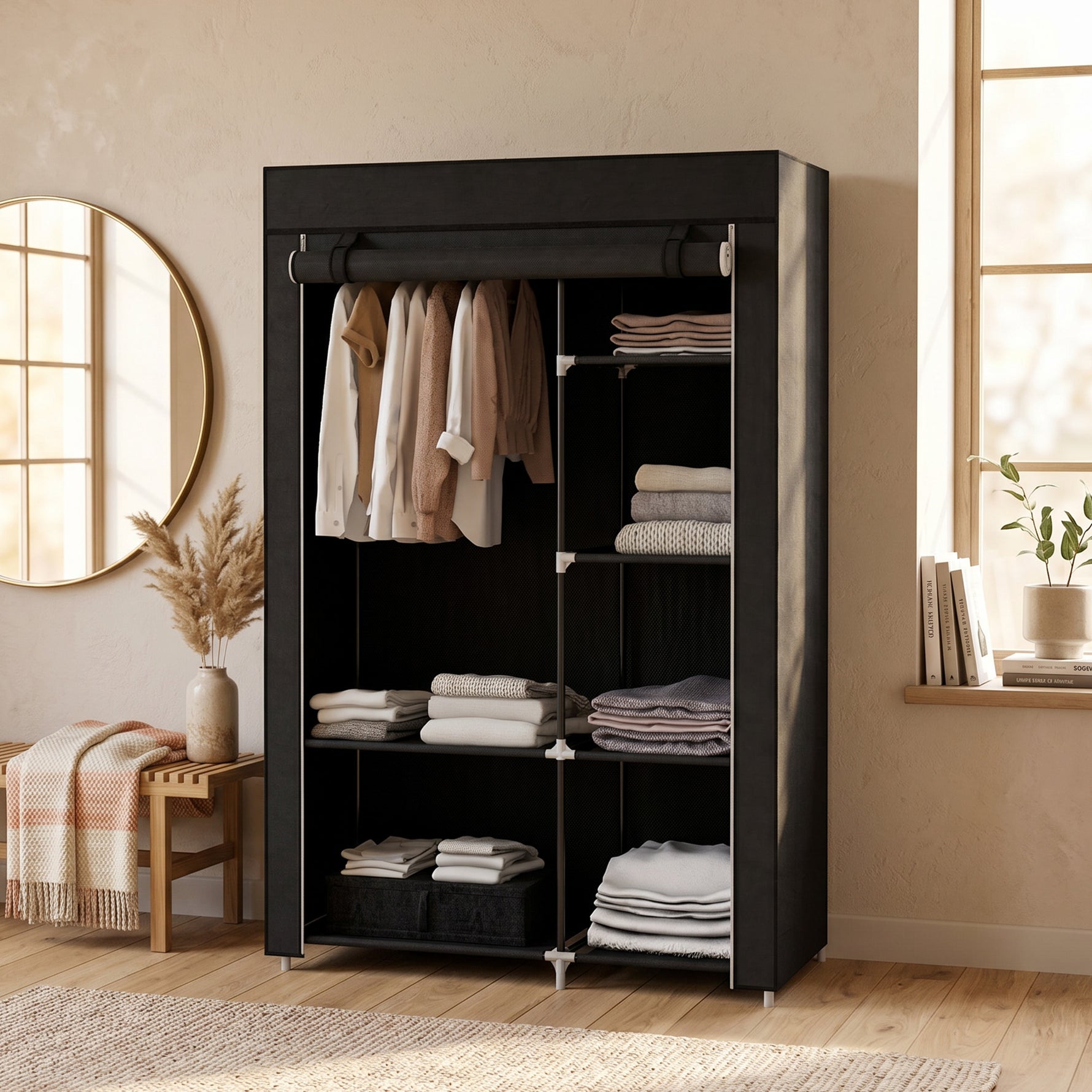 Armoire penderie multi-rangement - 6 étagères, 1 barre - non tissé noir