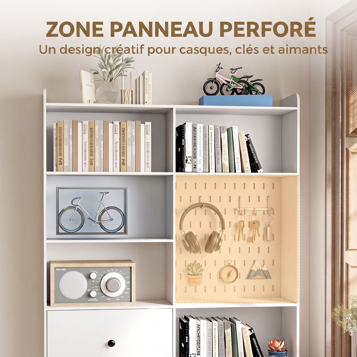 Bibliothèque, Étagère 6 Niveaux, 120 x 30 x 200 cm, Meuble de Rangement avec 2 Tiroirs et Panneau Perforé, Blanc