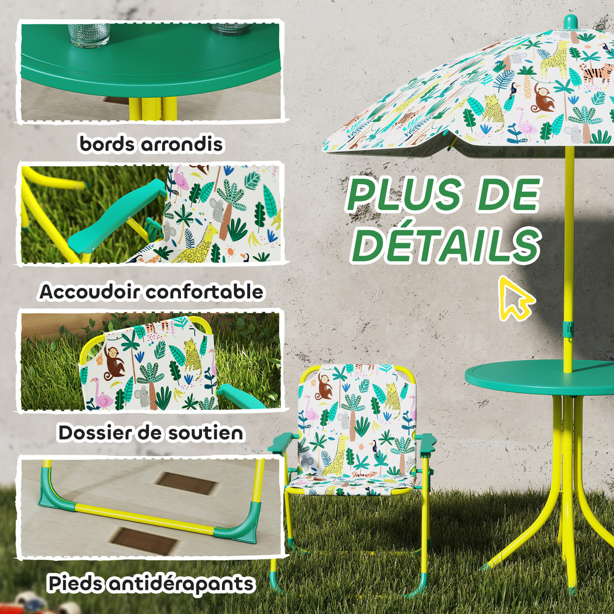 Children's Outdoor Patio Set with 2 Folding Chairs and Parasol, Jungle Theme, for Garden, Terrace, Green