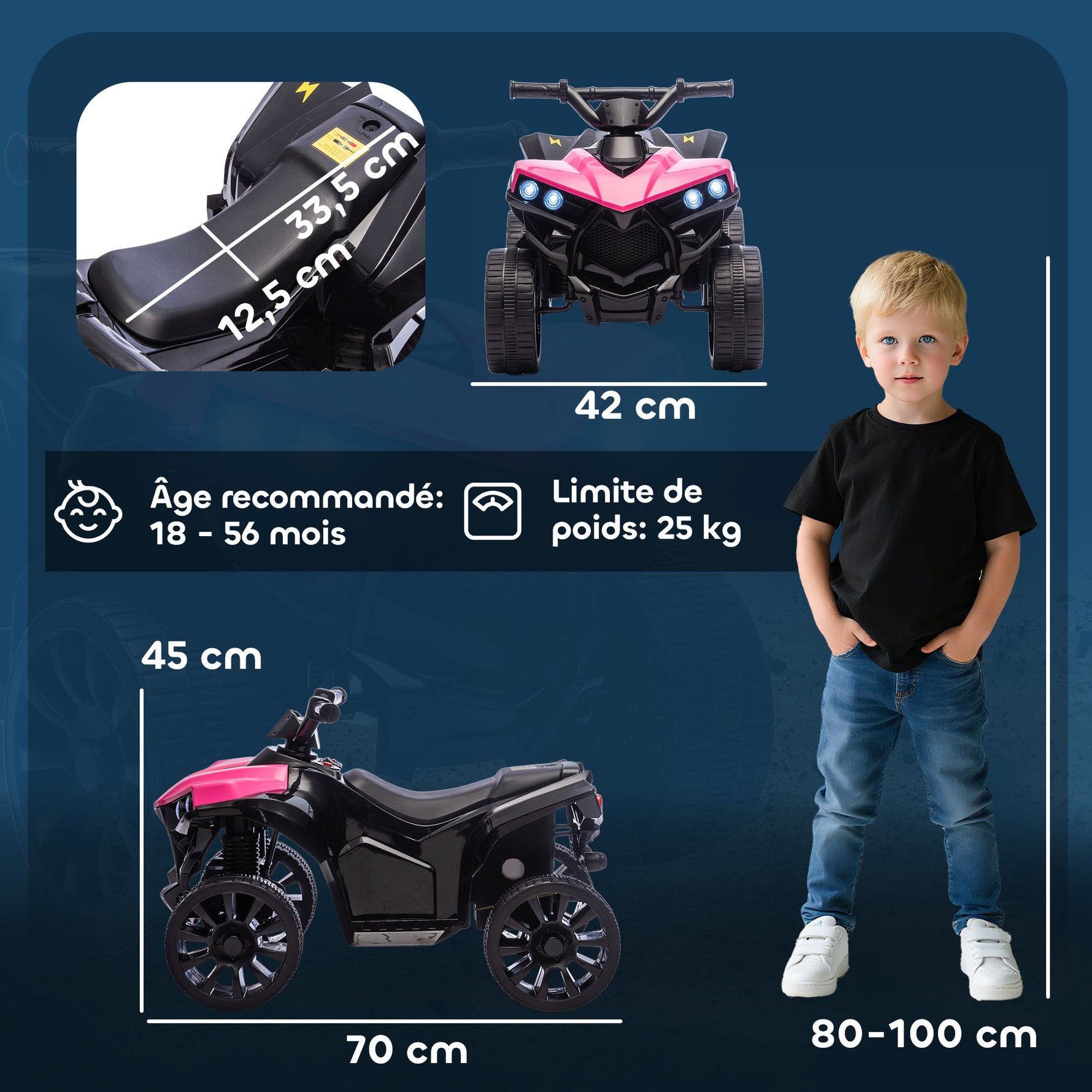 Quad électrique enfant 6V, voiture électrique enfants ATV, musique et phares LED, pour 18 à 56 mois, 70 x 42 x 45 cm, rose