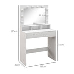 Coiffeuse avec miroir Hollywood, tiroirs, 3 modes d'éclairage, 10 ampoules, 80 x 40 x 135 cm, blanc