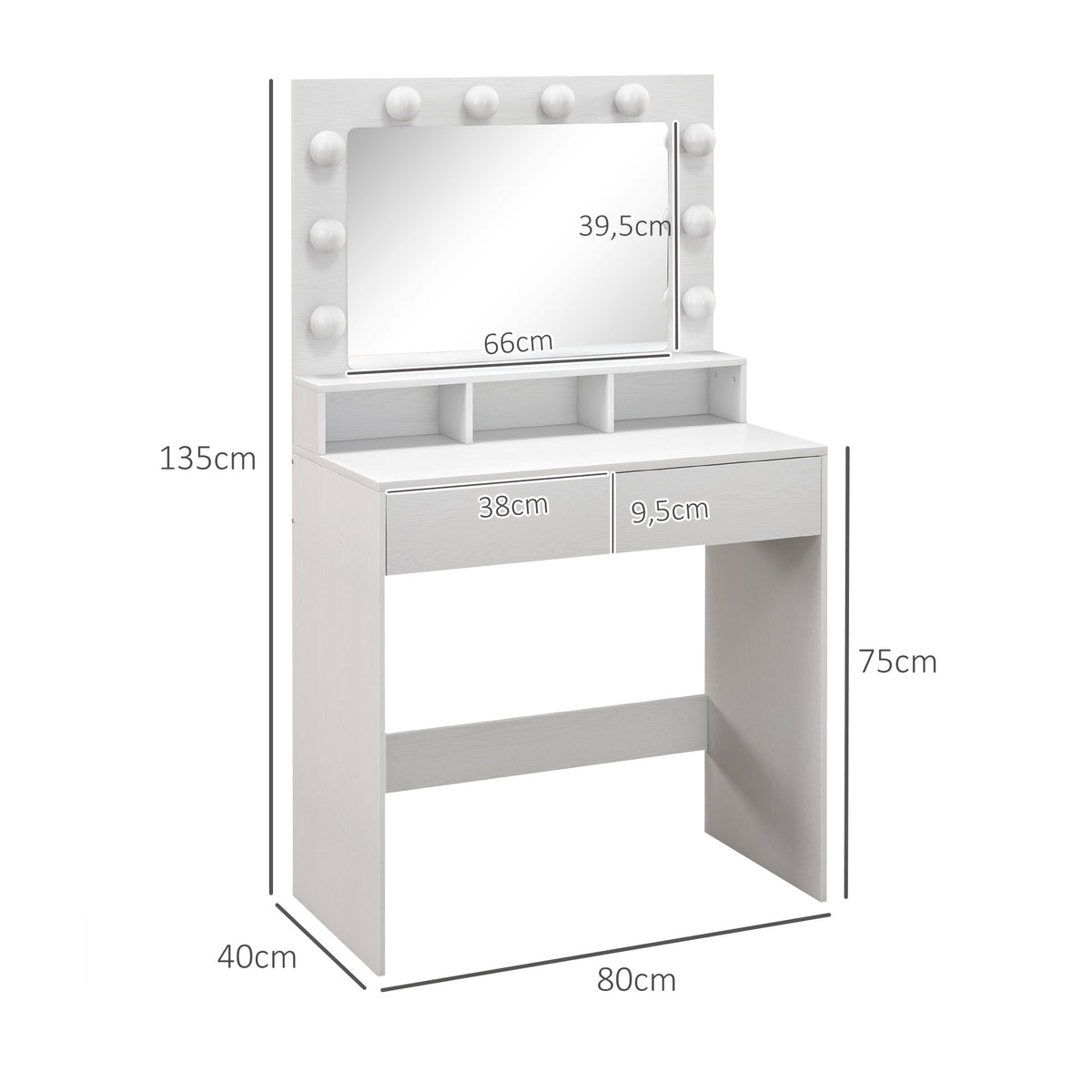 Coiffeuse avec miroir Hollywood, tiroirs, 3 modes d'éclairage, 10 ampoules, 80 x 40 x 135 cm, blanc