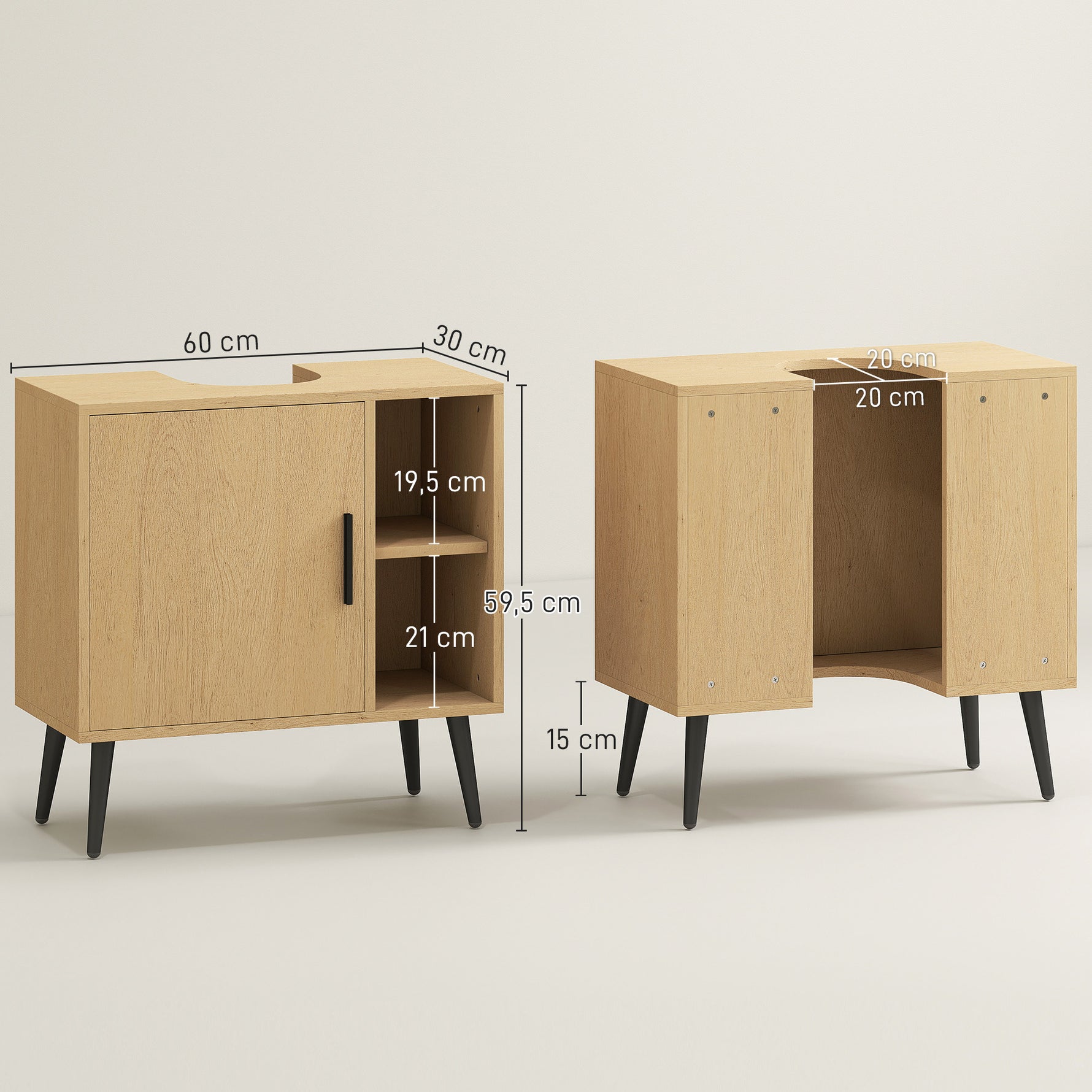 Meuble sous lavabo salle de bain avec porte à fermeture progressive et étagère réglable, 60 x 30 x 59,5 cm, chêne