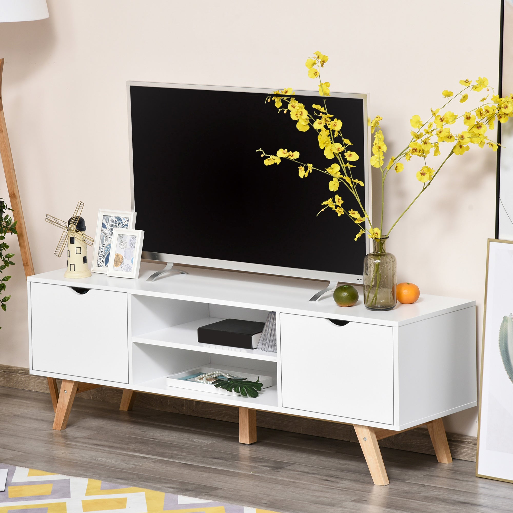 Meuble TV Banc TV sur Pied Moderne Scandinave 2 Portes 2 niches en Bois Blanc 150L x 39l x 50H cm