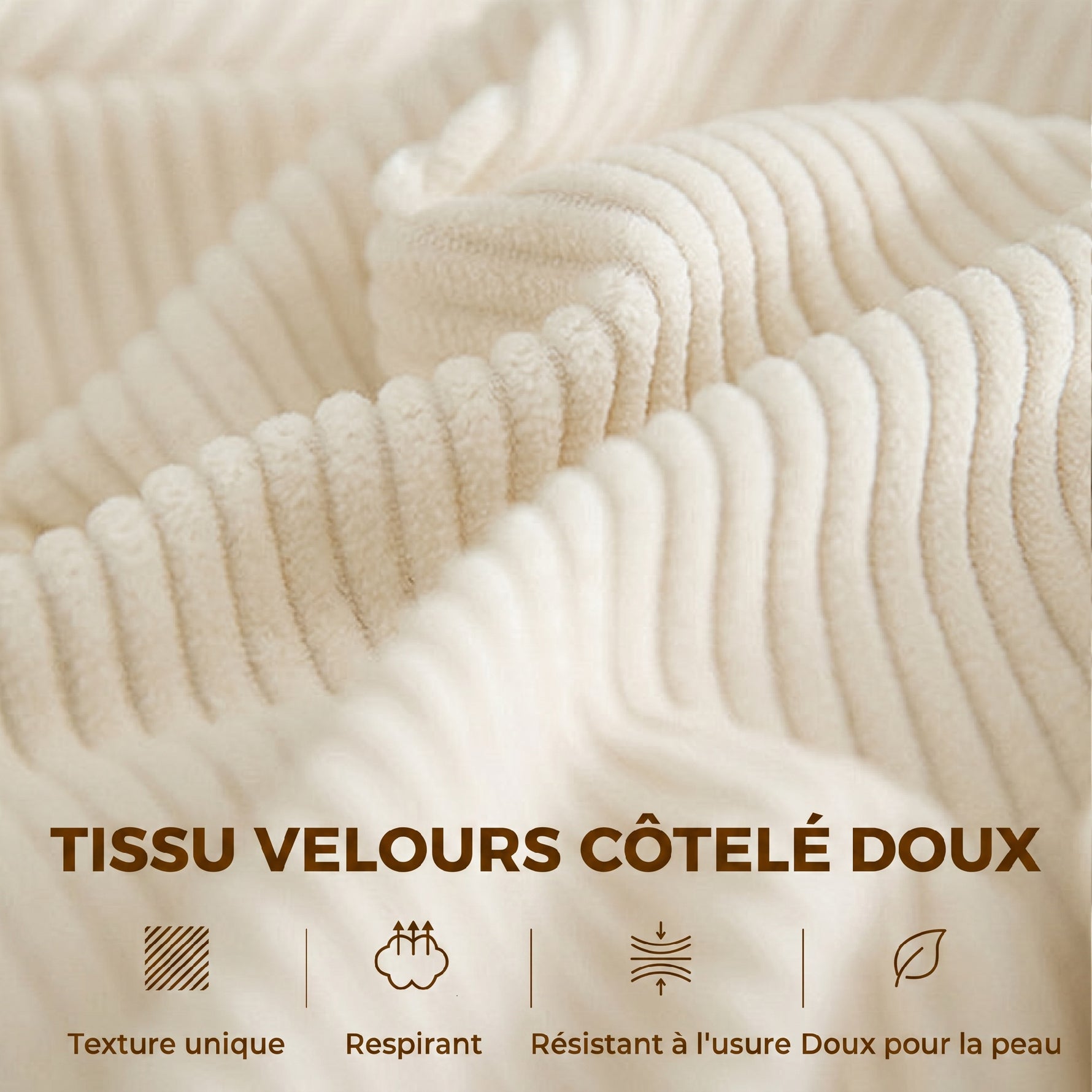 Canapé 3 places 212 cm avec 2 coussins à ressorts, tissu velours côtelé, pour salon, chambre, bureau à domicile, crème