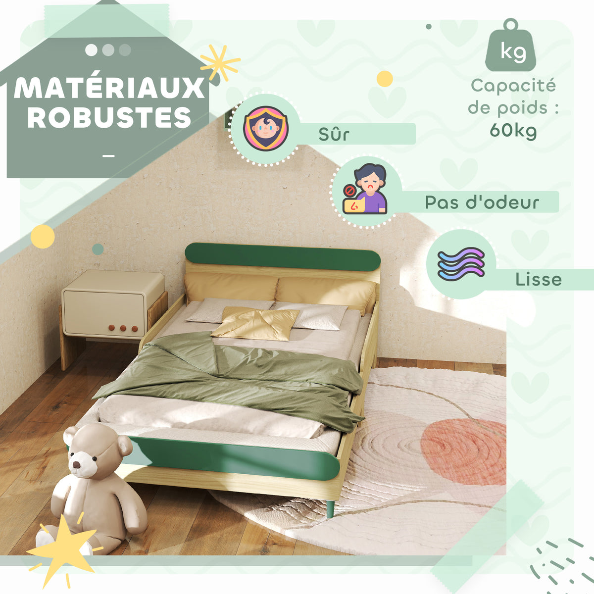 Cama infantil, cama de suelo para niños de 3 a 10 años con barrera de seguridad, somier de láminas incluido, verde