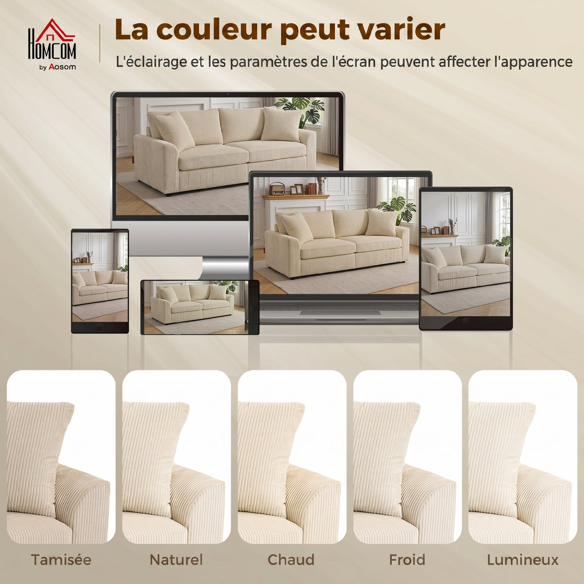 Canapé 3 places 212 cm avec 2 coussins à ressorts, tissu velours côtelé, pour salon, chambre, bureau à domicile, crème