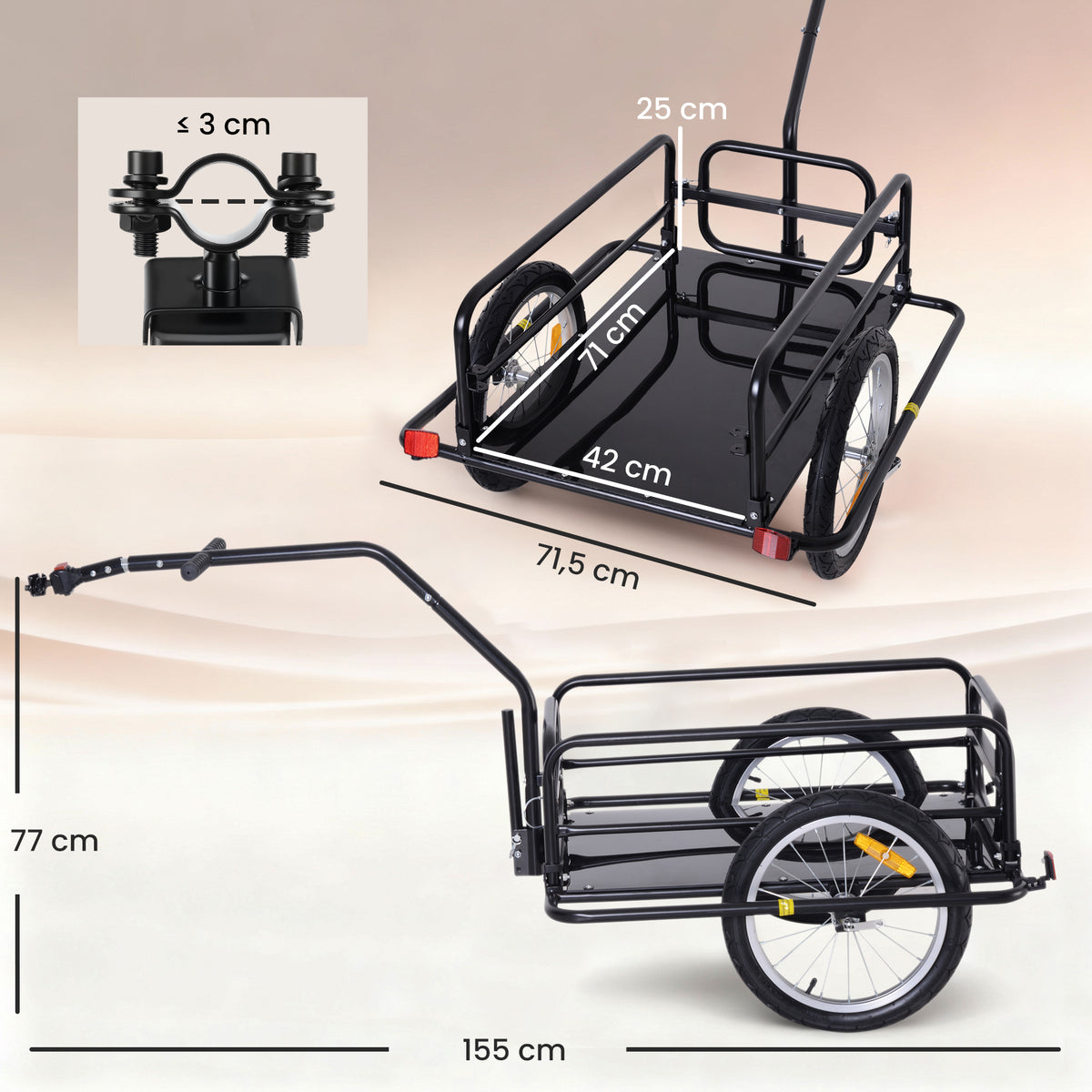 Fahrradanhänger, Transportanhänger für Fahrräder, 70 l, 155 L × 71,5 B × 77 H cm, Klappdeichsel mit universeller Befestigung, Stahl, maximale Traglast 40 kg, schwarz