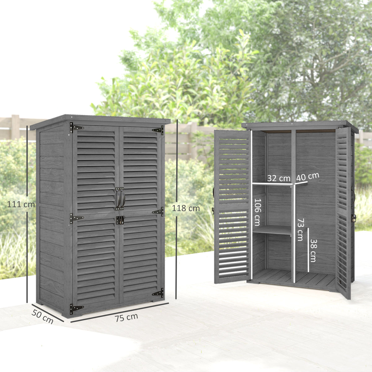 Armadio da giardino capanno per attrezzi in legno, 2 ripiani, tetto bitumato, porte a persiana, chiudibile a chiave, 75 x 50 x 118 cm, grigio