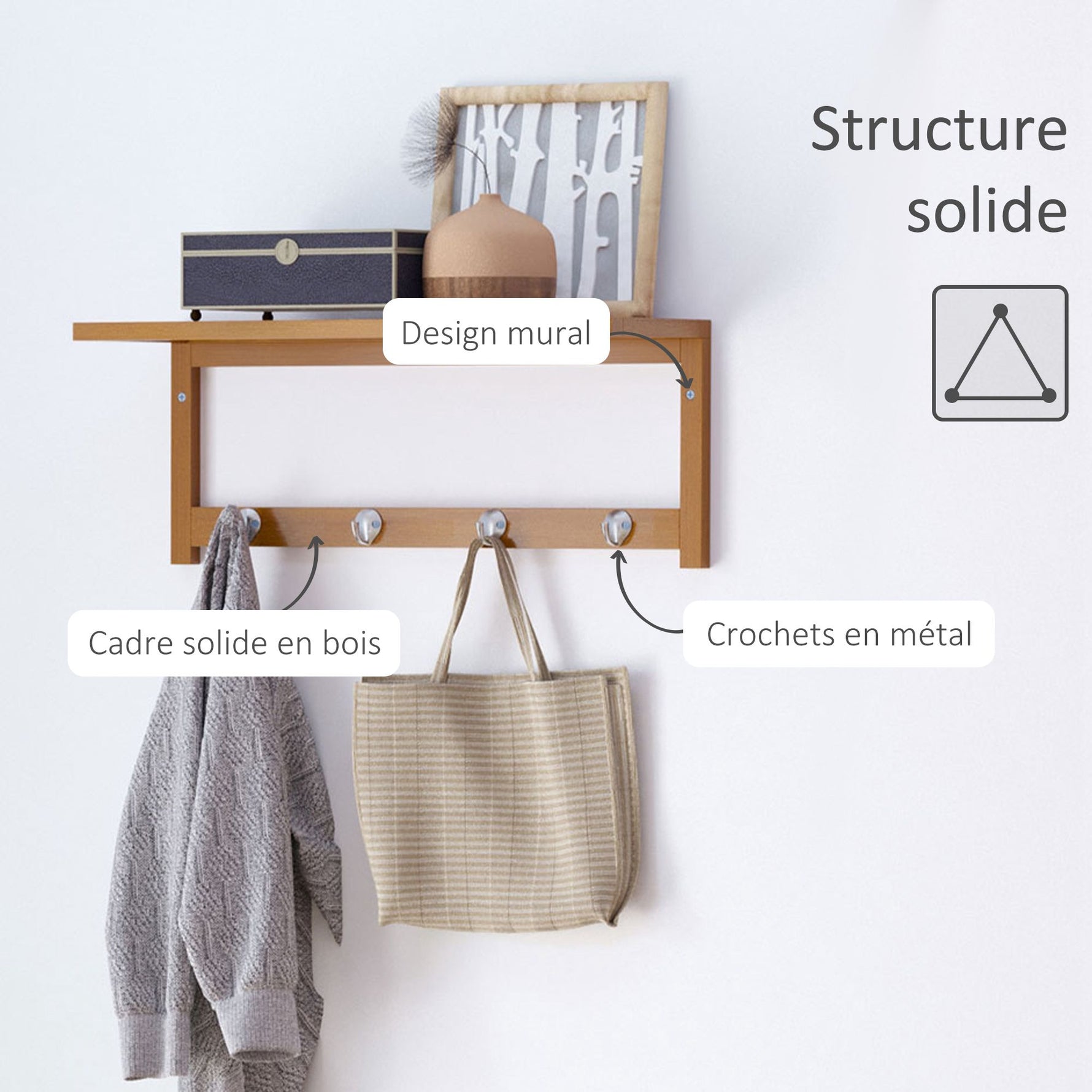 Porte-manteau mural penderie murale étagère 50L x 16l x 17,5H cm 4 patères kit fixation fourni bambou naturel