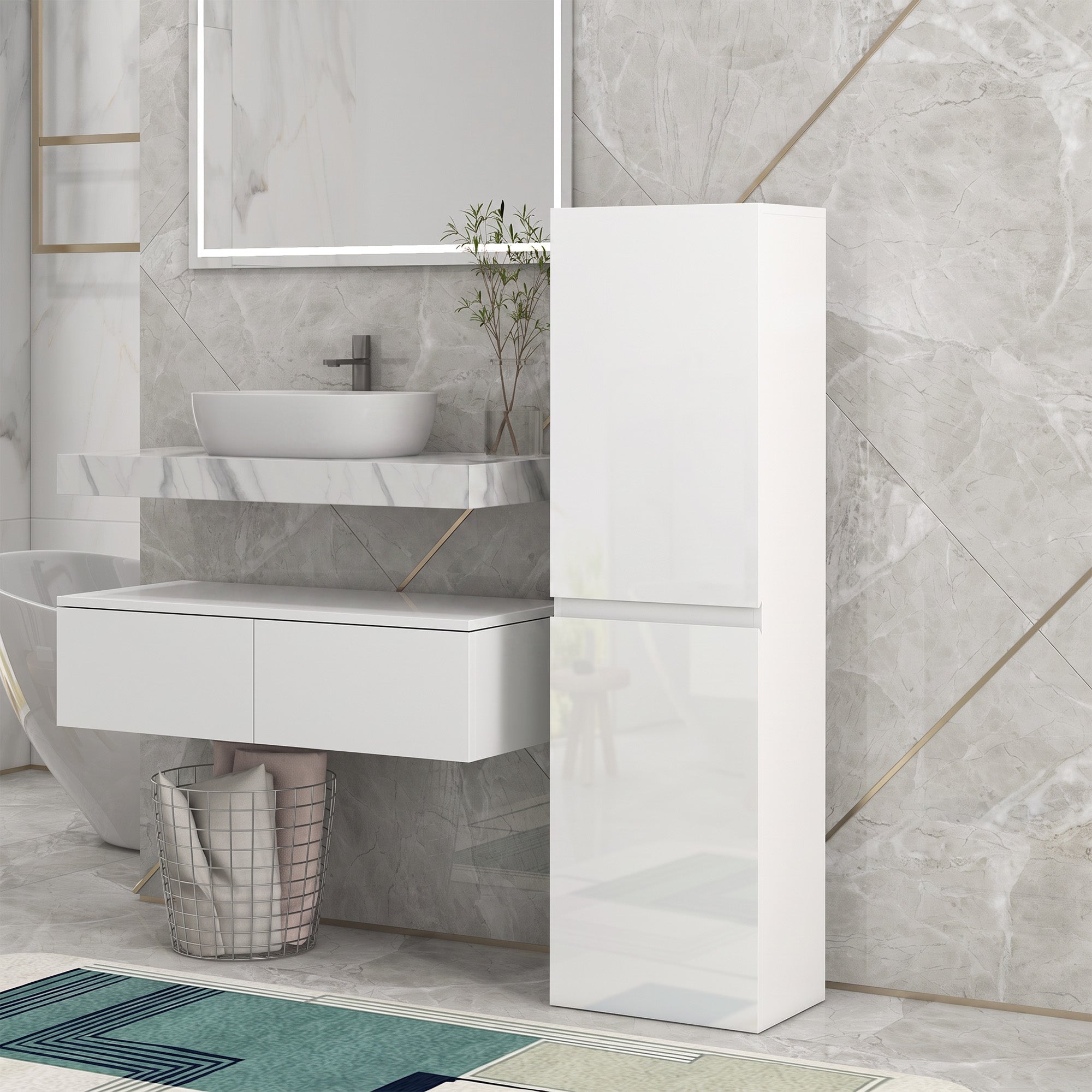 Mobile a colonna per bagno stile contemporaneo 2 ante ripiani regolabili 35 x 25 x 120 cm bianco laccato