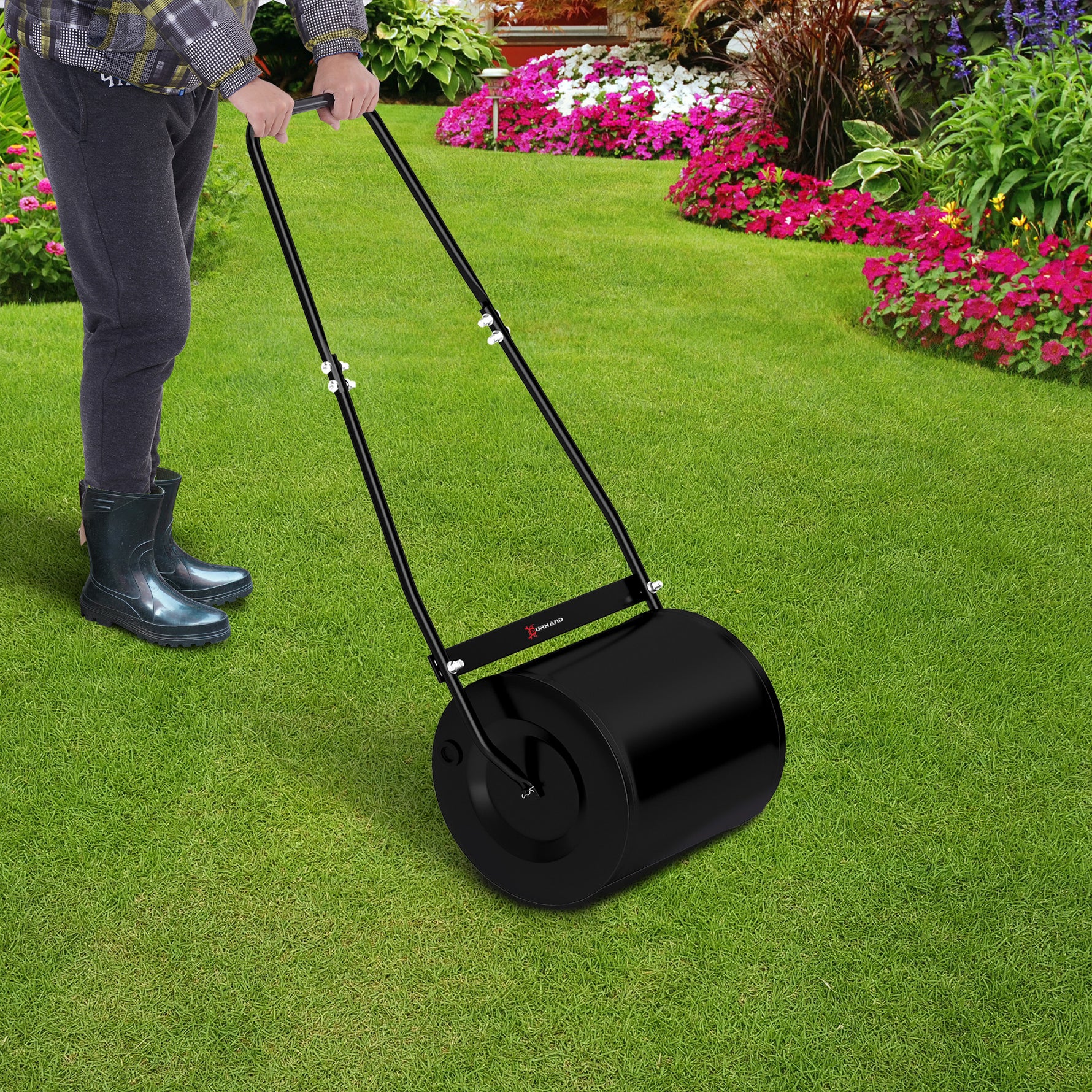 Rouleau à Gazon Jardin en Acier avec poignée dim. 47L x 32l x 105H cm lestage Max. 30 L Noir