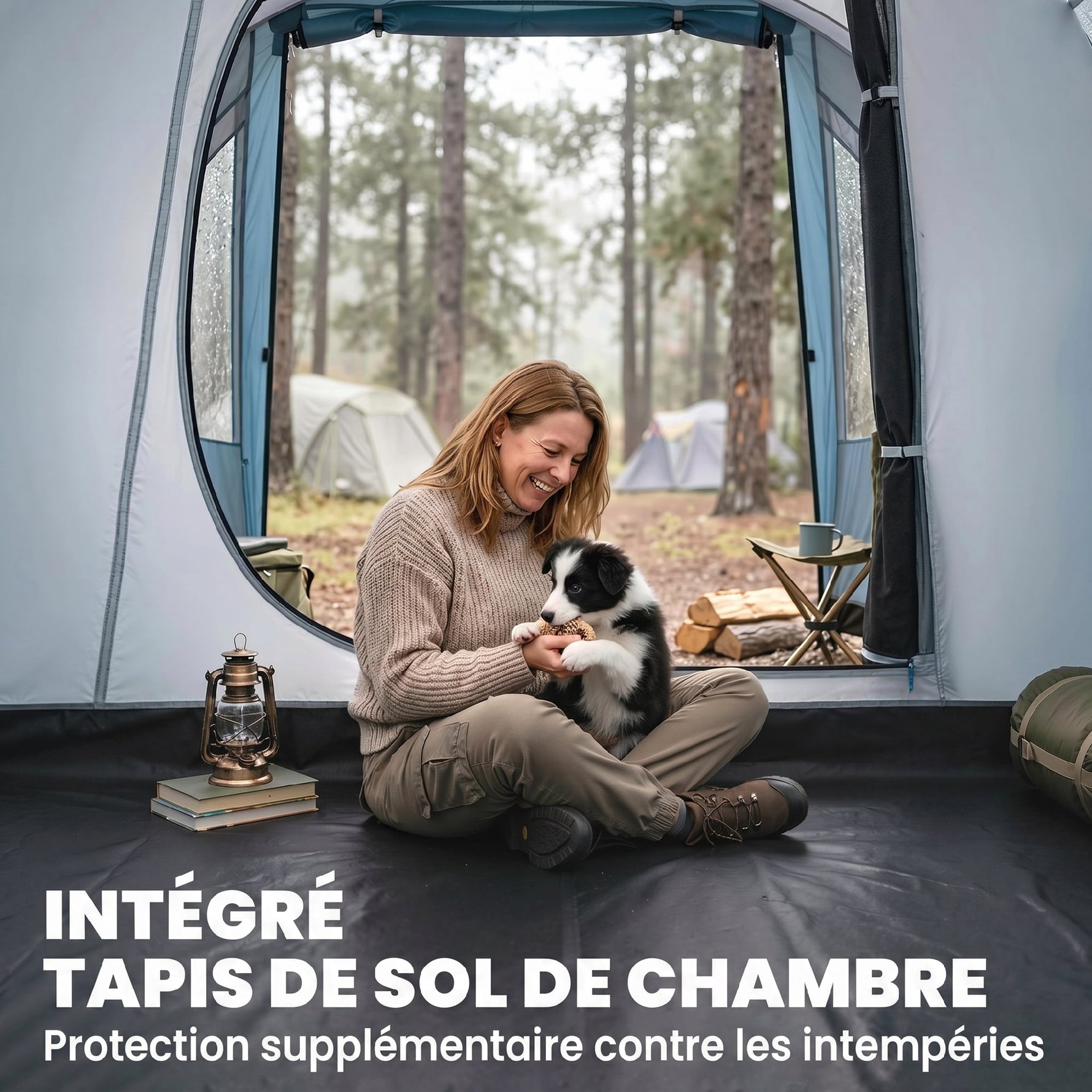 Tente de camping familiale 3 personnes, tente tunnel imperméable, 2 portes fenêtres, ventilée 4,6 x 2,6 x 1,9 m, bleu