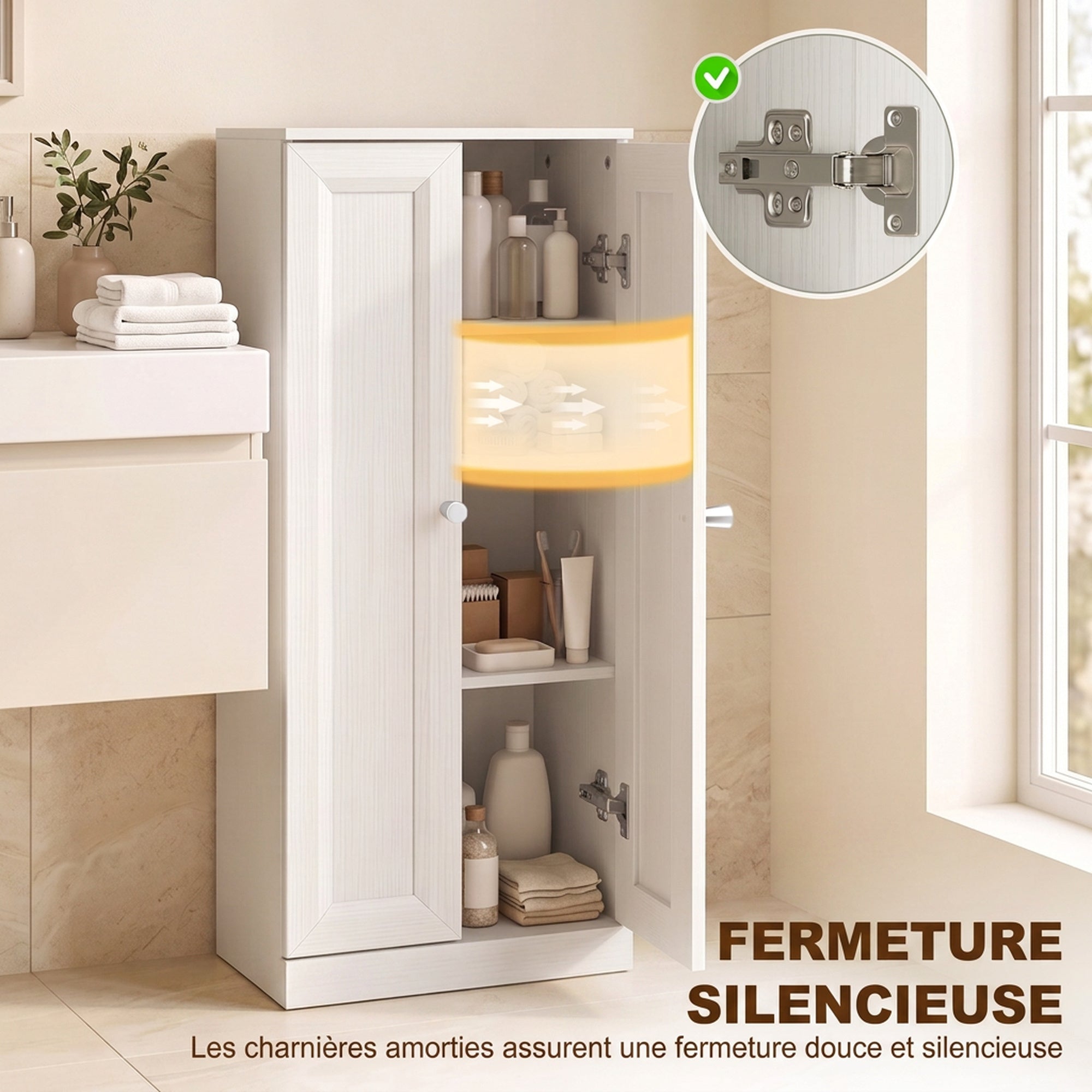 Meuble de Salle de Bain Étroit, Meuble de Rangement Sur Pied avec 2 Portes et 3 Étagères, pour Salon, Chambre, Blanc