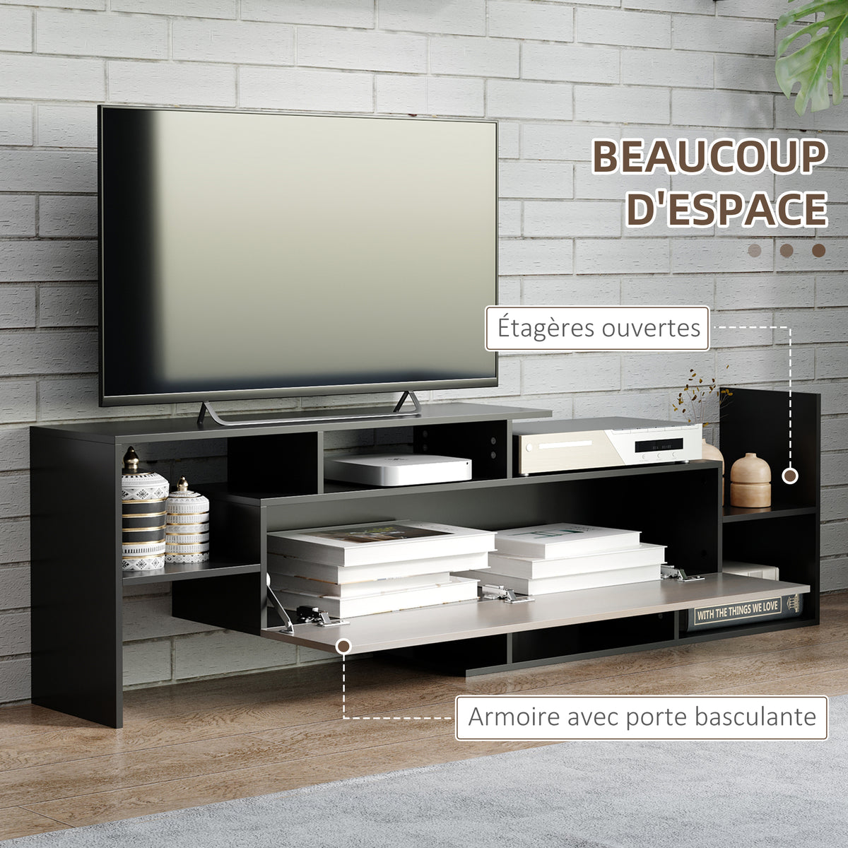 Ensemble meuble TV avec banc et étagère murale style contemporain 153,6L cm - noir