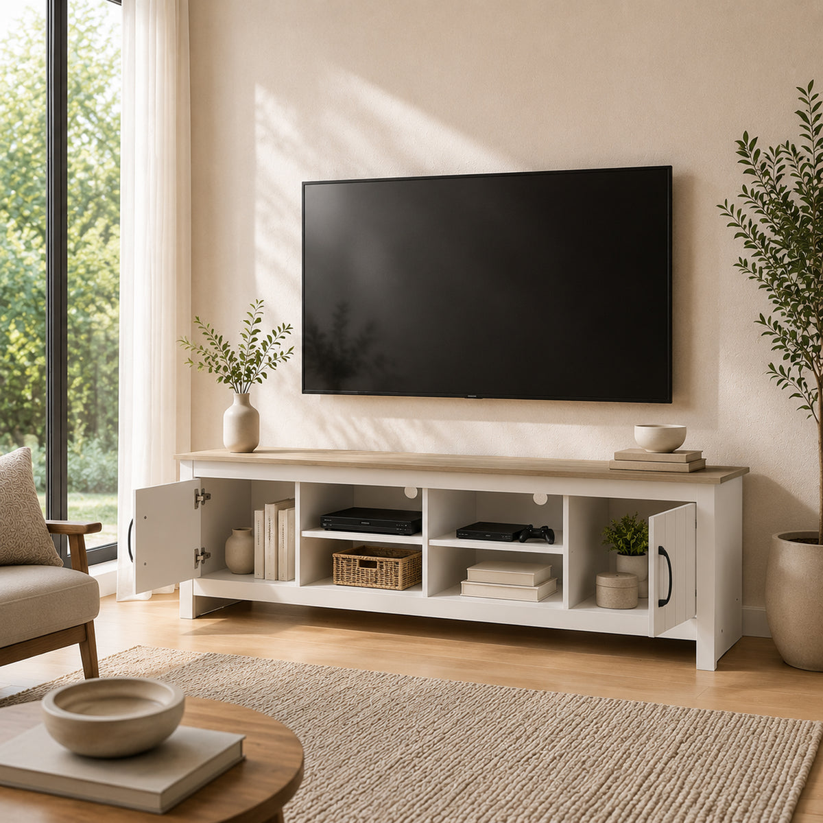 Meuble TV 175 cm, Meuble Télé pour Téléviseur jusqu'à 55 Pouces avec 2 Portes et 4 Compartiments Ouverts, Chêne et Blanc
