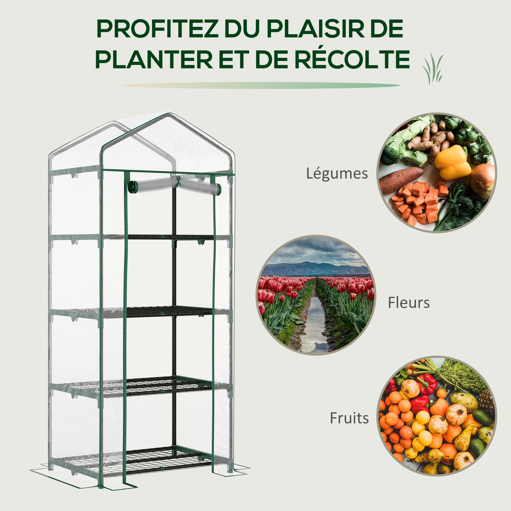 Serre de Jardin PVC avec Étagères 4 Niveaux, Serre de Balcon, Bâche Renforcée 140g/m², Châssis en Acier, Porte Zippée Enroulable, pour Légumes et Plantes, Extérieur, 70x50x160cm, Transparente