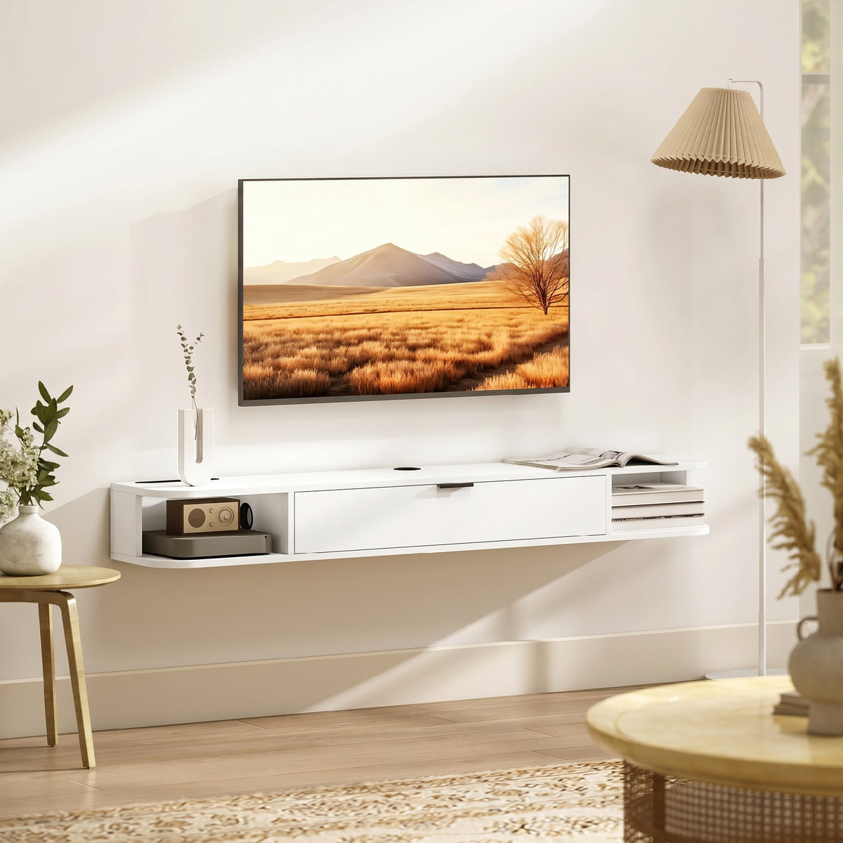 Hängendes TV-Board, Fernsehschrank für Fernseher bis 60 Zoll, Klappfach, 2 Ablagen, 140x24x16cm, Weiß