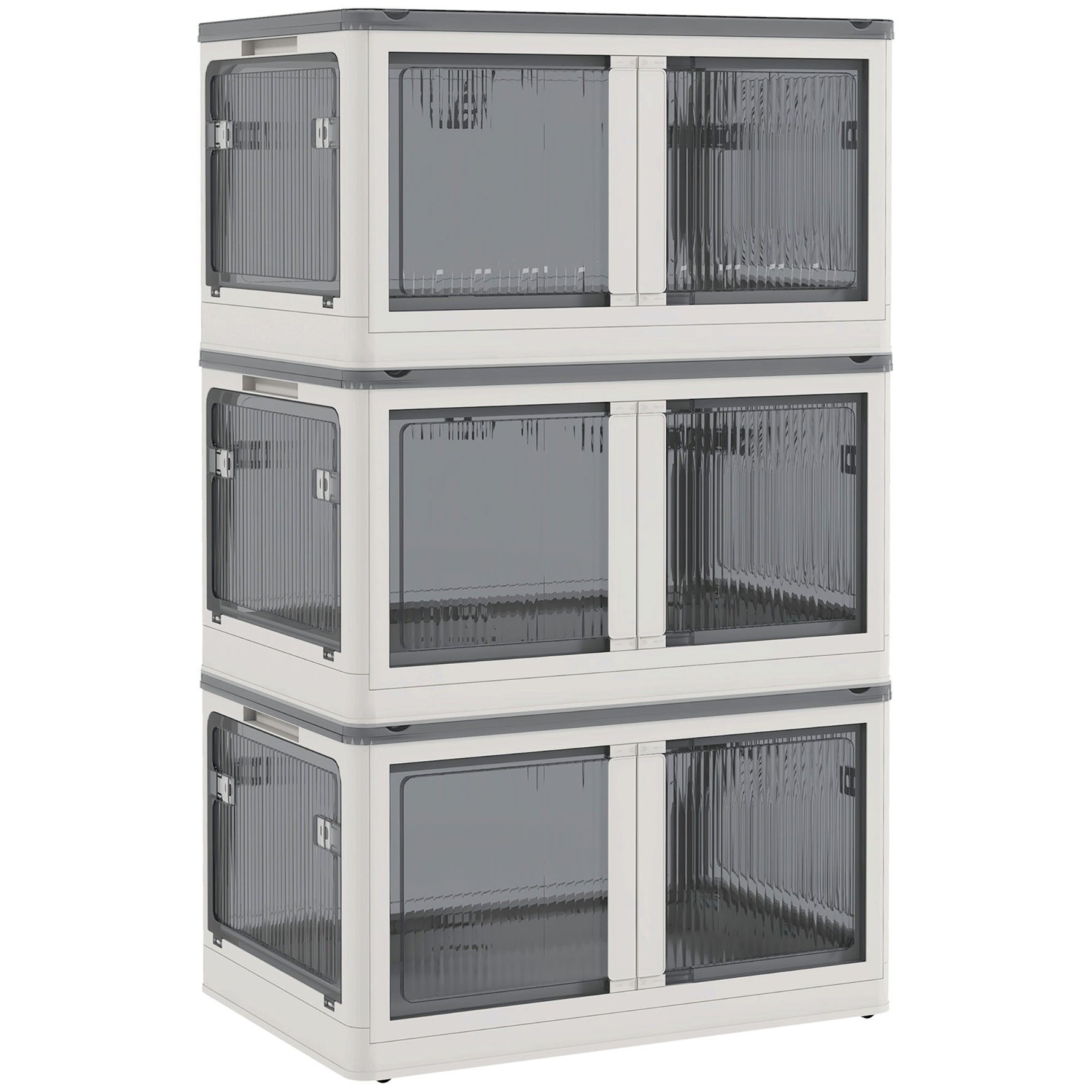 Boîtes de rangement pliables et empilables 69L en plastique avec couvercle et 4 roulettes, accès à 5 côtés, blanc