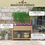 Jardinière rectangulaire sur pieds avec treillis 2 tablettes latérales rabattables 1 étagère inférieure bois