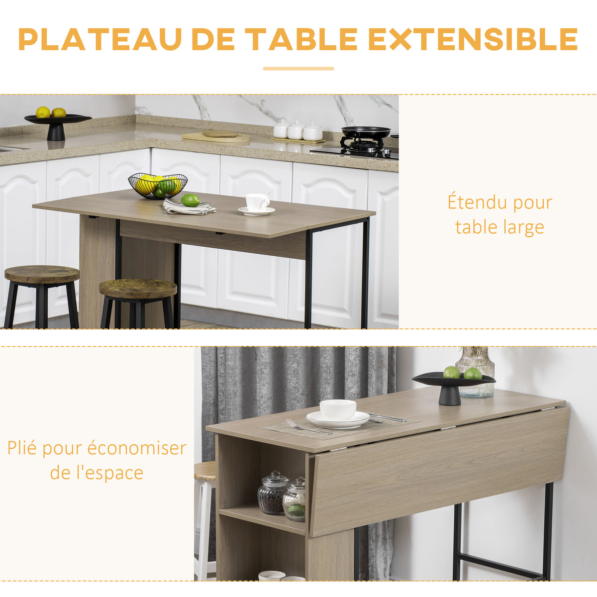Isla central para barra con tablero lateral abatible y 3 estantes 120 x 76 x 91,4 cm gris claro