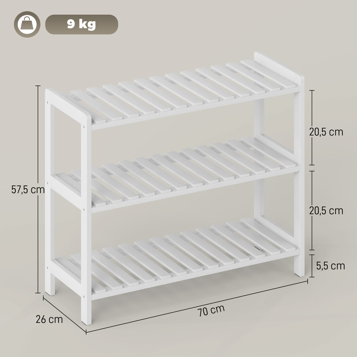 Étagère à chaussures, porte-chaussures 3 niveaux, étagères à lattes, en bois de pin， 70 x 26 x 57,5 cm, blanc