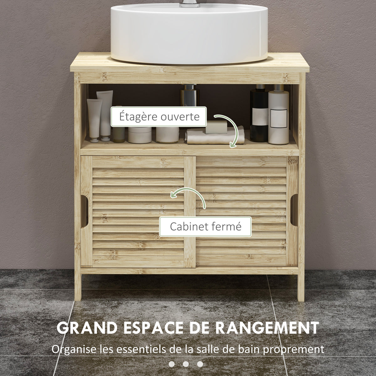 Meuble sous lavabo en Bambou, Meuble de Rangement pour Salle de Bain avec 2 Portes, 60 x 30 x 60 cm, Bois Naturel
