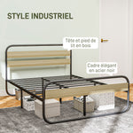 Lit double 140 x 190 cm, cadre de lit en acier style industriel, tête de lit et sommier inclus, aspect bois