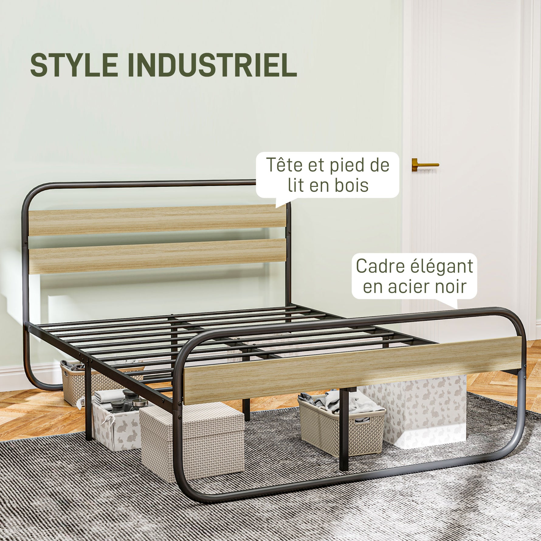 Lit double 140 x 190 cm, cadre de lit en acier style industriel, tête de lit et sommier inclus, aspect bois
