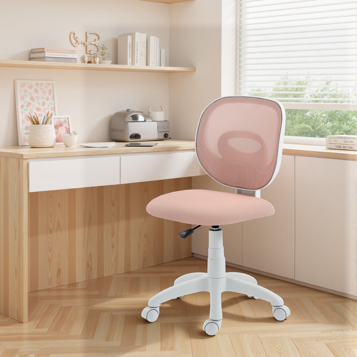 Chaise de Bureau Ergonomique sans Accoudoirs, Fauteuil de Bureau en Maille, Hauteur Réglable, Rose