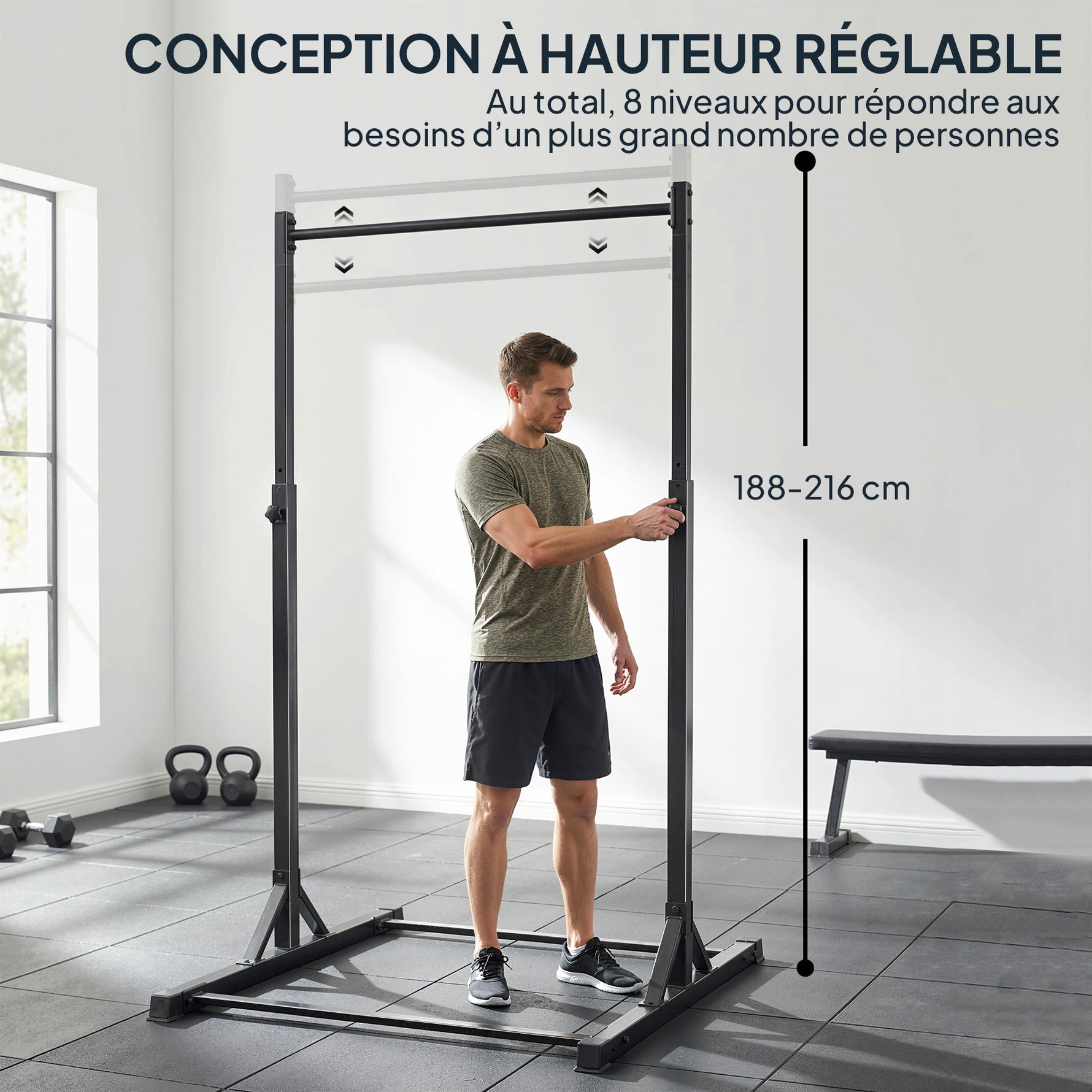 Station de musculation et barre de traction power tower 200 kg avec 8 niveaux de hauteur noir