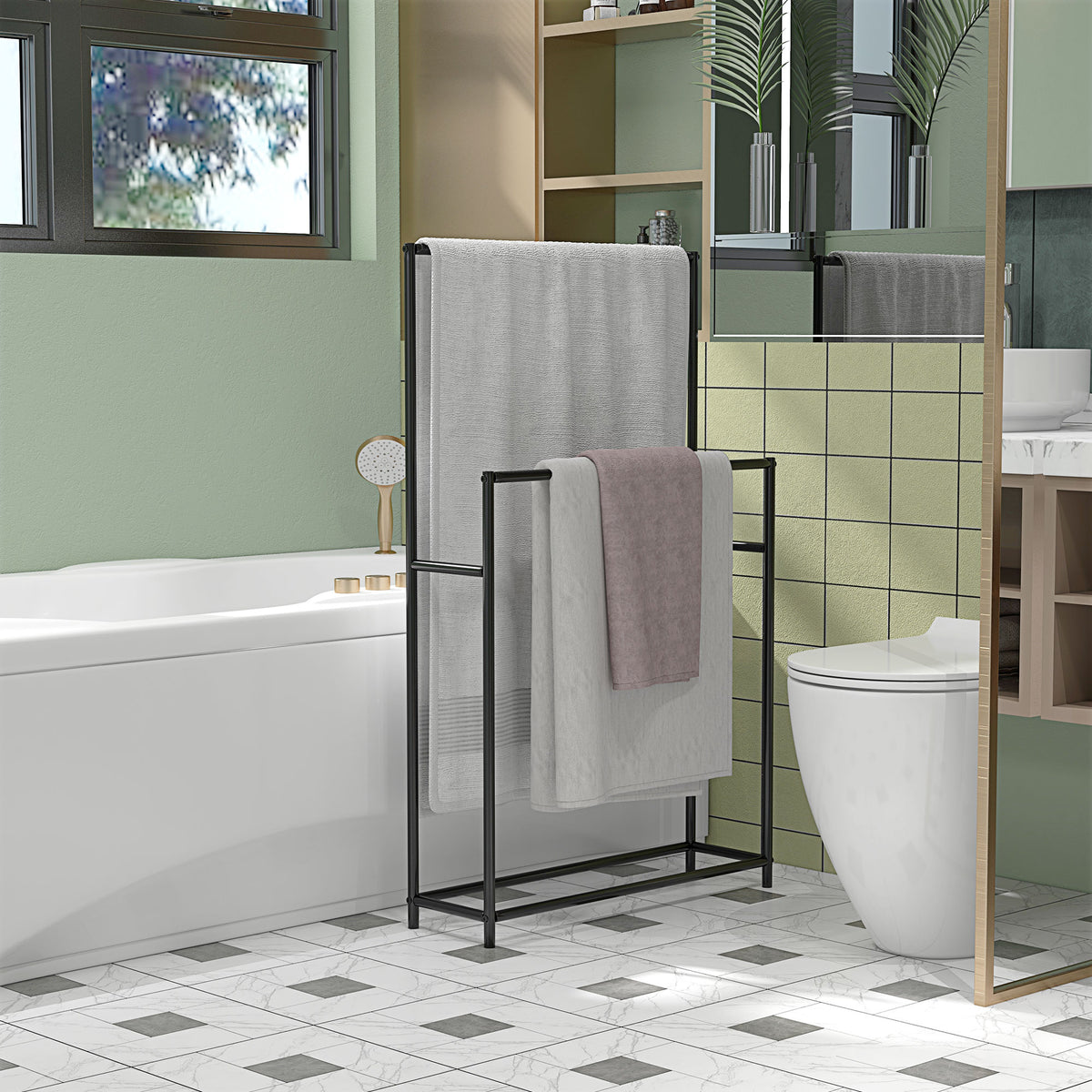 Porte serviettes sur pied sèche serviette 2 niveaux en métal pour la salle de bain, dim. 66l x 20P x 110H cm, noir