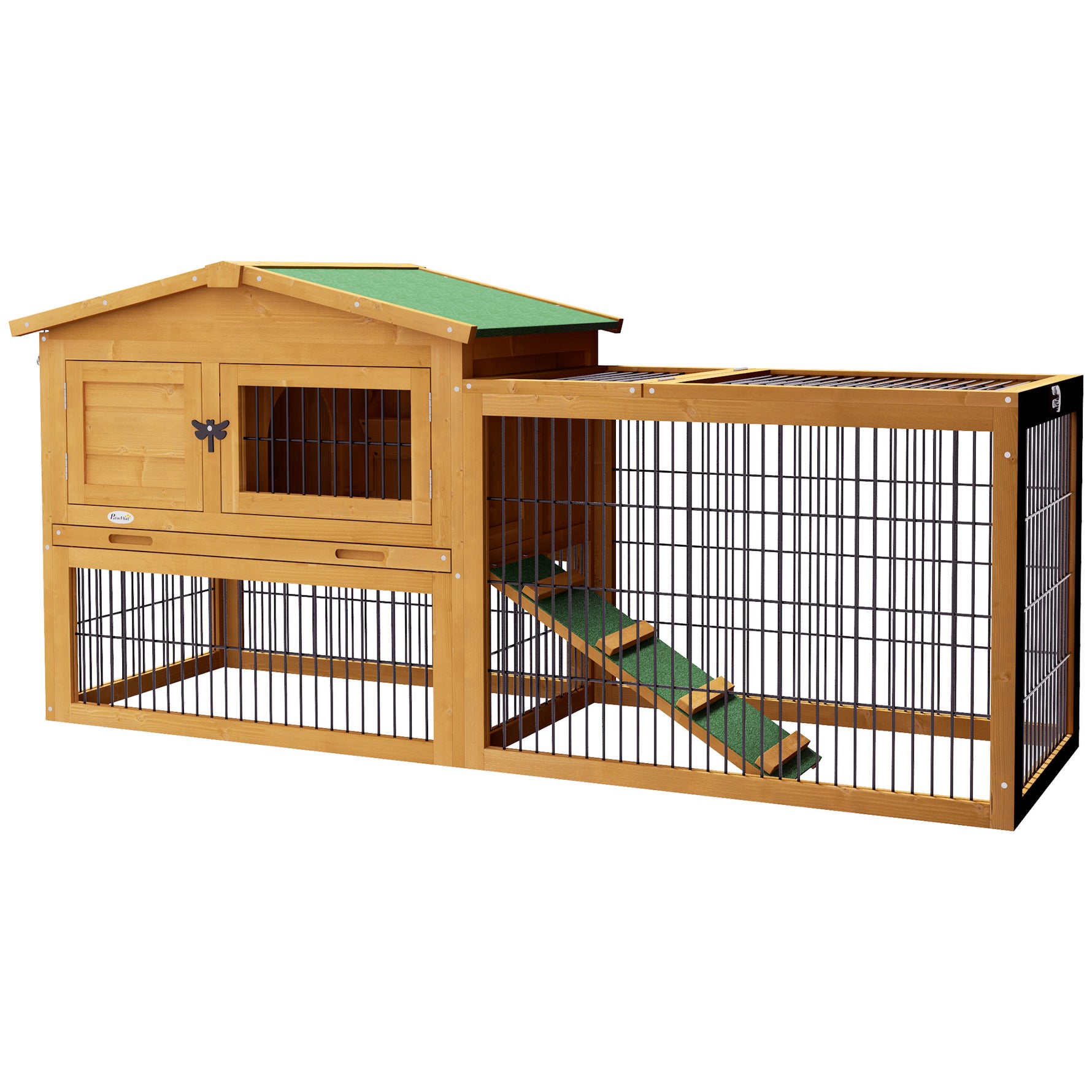 Clapier de sol cage à lapin niche supérieure avec rampe enclos extérieur porte verrouillable 150 x 52,5 x 68 cm jaune