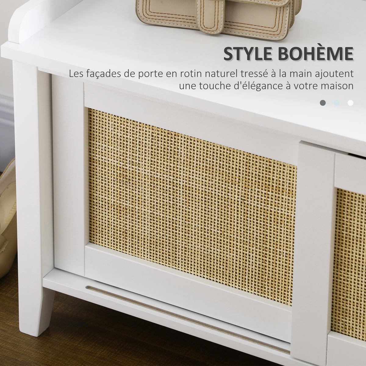 Banc à chaussures meuble de rangement avec porte coulissante et façades rotin tissé 80 x 35 x 45 cm blanc