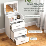 Coiffeuse avec miroir relevable et tabouret à roulettes, table de maquillage avec 2 tiroirs, coussin amovible, blanc