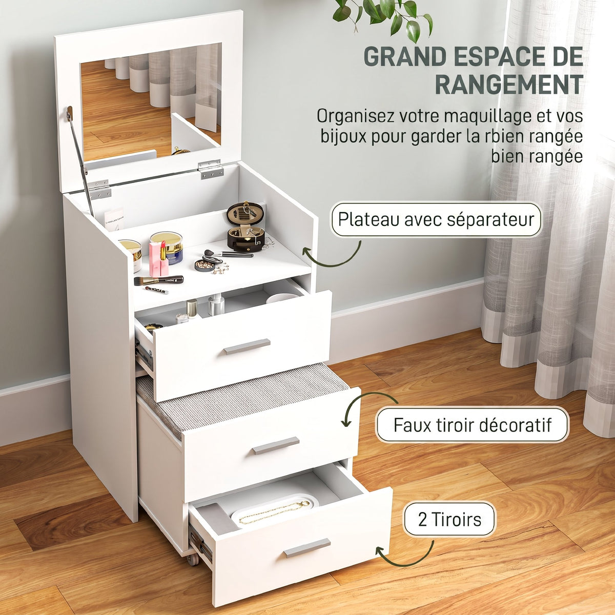 Coiffeuse avec miroir relevable et tabouret à roulettes, table de maquillage avec 2 tiroirs, coussin amovible, blanc